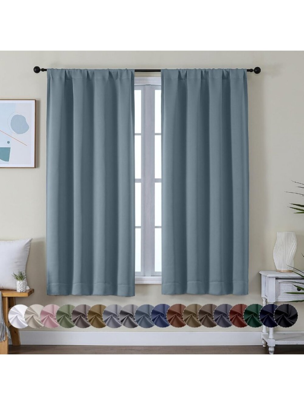Elegant Stone Blue Blackout Curtains, 63" Thermal Insulated Drapes, 2 Panels